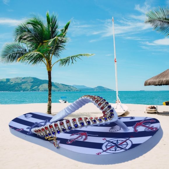Women's Luxury nautical flip flops, with crystals and rhinestones, all occasions - Picture 16 of 17
